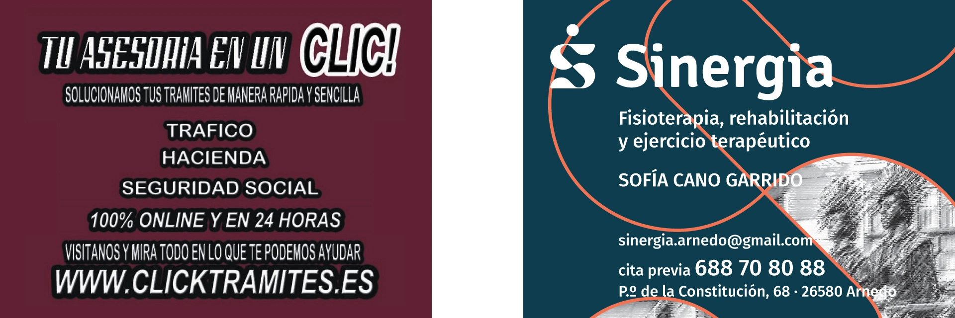 Publicidad de Click Trámites y Sinergia Fisioterapia
