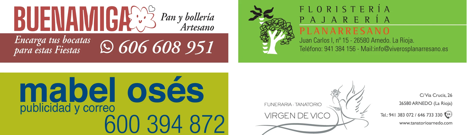 Publicidad de Buenamiga, Floristería Planarresano, Mabel Osés y Tanatorio Virgen de Vico