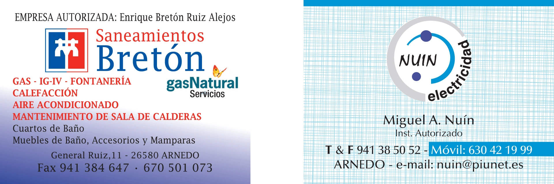 Publicidad de Saneamientos Bretón y Nuin Electricidad