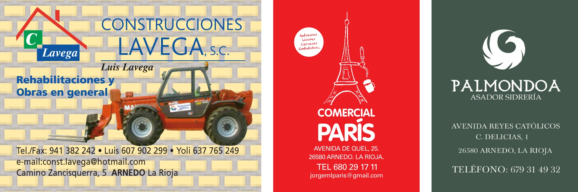 Publicidad de Construcciones Lavega, Comercial París y Palmondoa Asador Sidrería