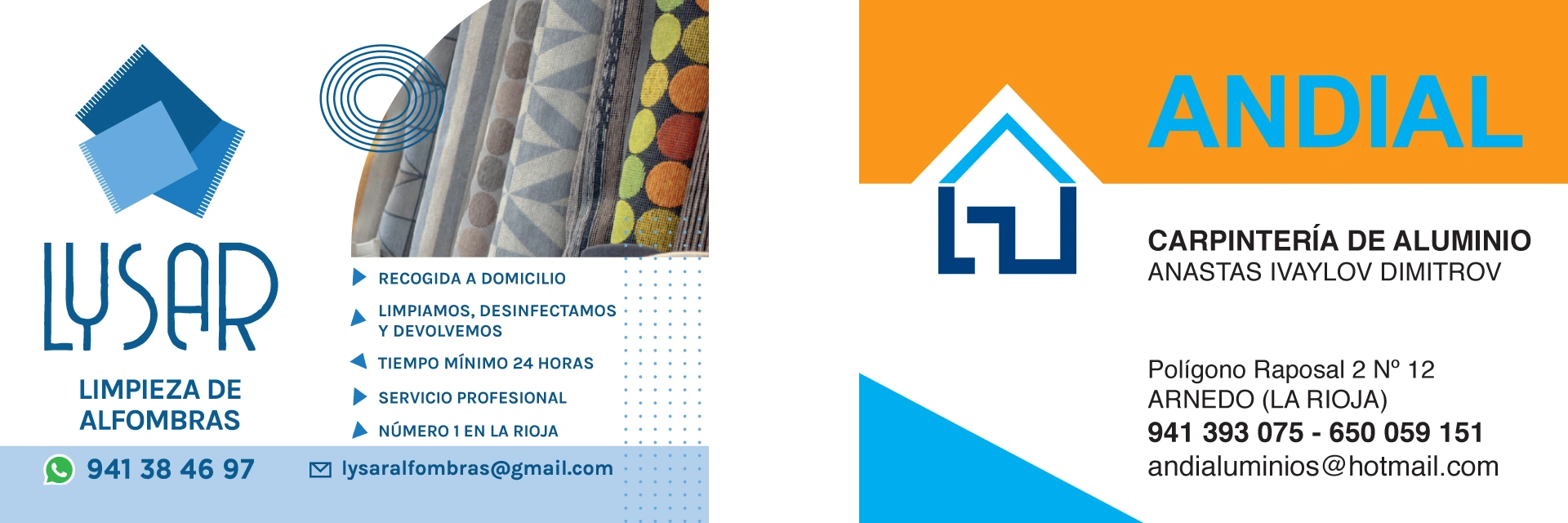 Publicidad de Lysar Limpieza de Alfombras y Andial Carpintería de Aluminio