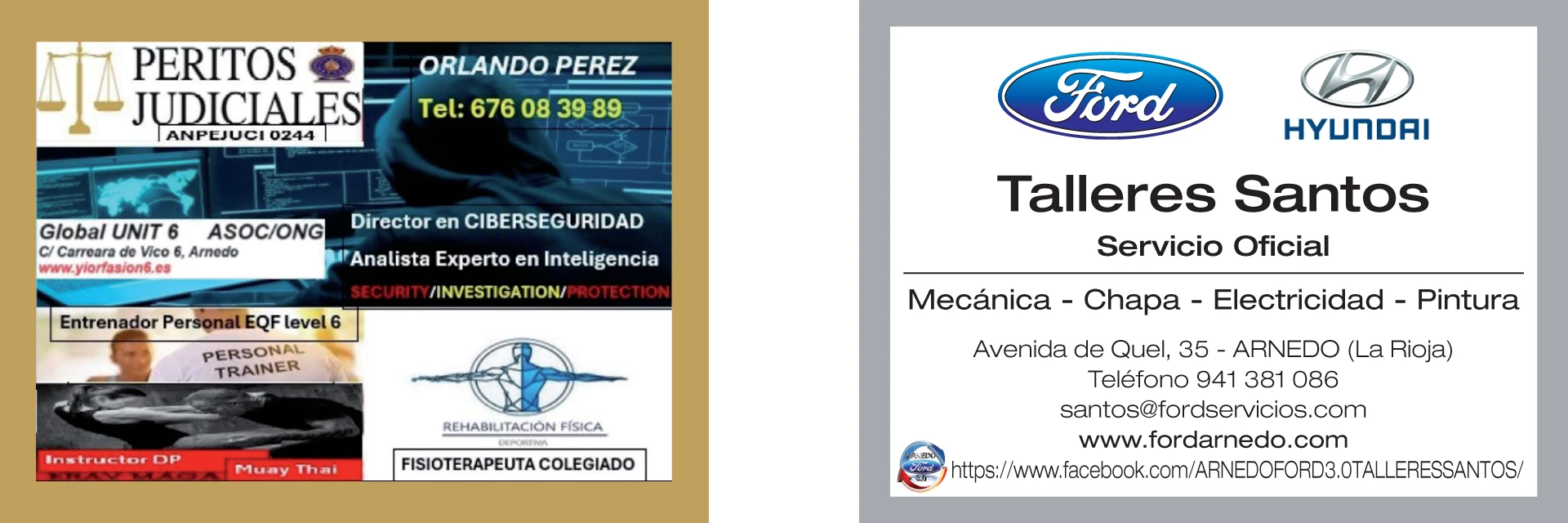 Publicidad de Orlando Pérez, Peritos Judiciales y Talleres Santos, Ford